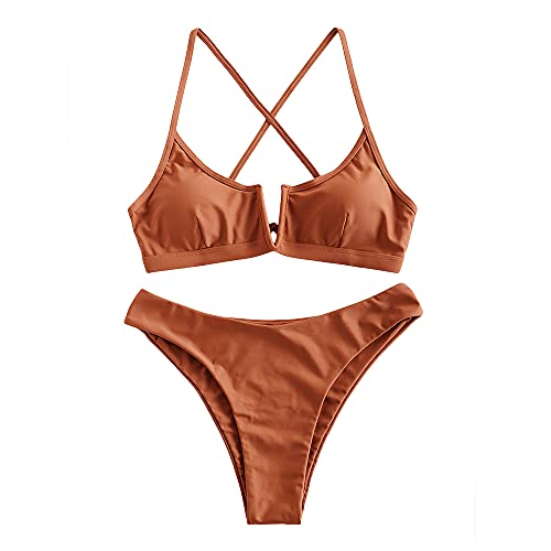 ZAFUL Women s V-Wire Padded Ribbed High Cut Cami Bikini Set Two Piece Swimsuit (G-Chestnut Red, S)