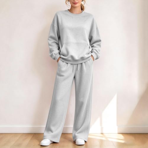 XINGJIAARTS Two Piece Sweatsuit Sets For Women Crewneck Sweatshirt And Pants Set Matching Tracksuit Lounge Travel Outfits Light Gray Small - image 5
