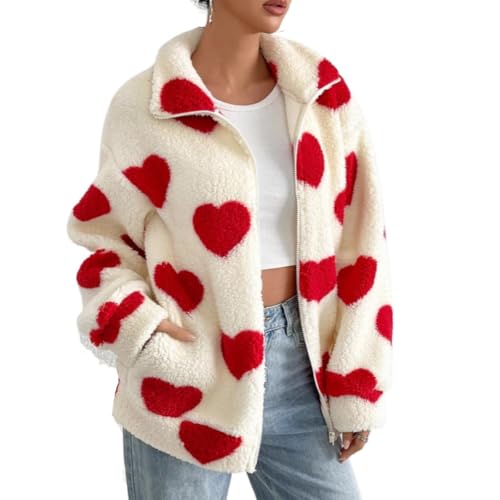 Women's Heart Graphic Jacket Full Zip Oversized Fuzzy Warm Coat Y2K Valentine's Day Winter Cardigan with Pockets