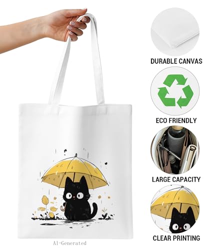 Image of Cute Cat Canvas Tote Bag for Women, Aesthetic Reusable Shoulder Bag for Shopping Travel Work