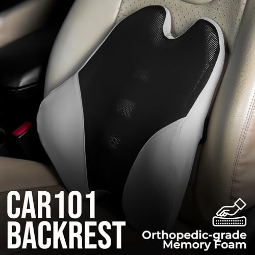 Image of CAR101 Orthopedic Memory Foam Backrest Elite - 47x36x13 cm | with Removable Breathable Mesh Cover | Adjustable Dual Strap Lumbar Support Cushion | Ergonomic Pain Relief