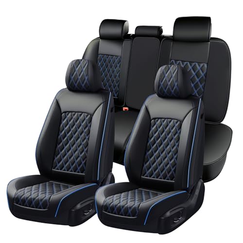 Image of Huidasource Seat Covers Full Set, Seat Covers Nappa Leather Universal Fit for Most Cars, Vans, Trucks, SUVs, Compatible with Airbags, Blue Car Seat Covers Velcro Adjustable (Full Set /Black&Blue)