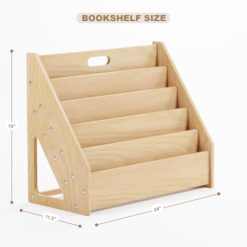 Image of Front-Facing Montessori Bookshelf,5 Tier Book Display Shelf for Toddler,Kids Storage Magazine Rack,Solid Wood Bookcase Organizer,Perfect for Playroom,Bedroom,Study Living Room,Nursery,Classroom