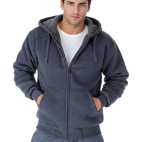 MINANUO Plain Grey Zip Up Hoodie Mens Warm Lightweight Sherpa Fleece Lined Full Cute Sports Sweatshirts Fashion Fabric Coats Cold Winter Thick Work Jackets for Men Tall with Hood(Grey 08, L)