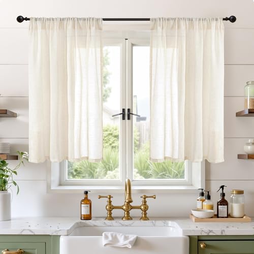 Image of BGment Beige Linen Semi Sheer Curtains 42X40 Inch Length 2 Panels | Cream Light Filtering Drapes with Rod Pocket Textured for Bathroom Kitchen Window Over Sink