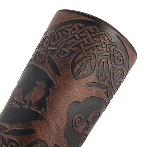 Hzman Viking Yggdrasil World Tree Print Premium Leather Bracers Pu Leather Arm Nordic Medieval Costume Props For Larp Cosplay Brown #TOP4