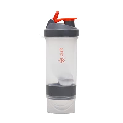 Cult Spider Protein Shaker Bottle 500ml with 3 Compartments Orange Grey BPA-Free, Food-Grade Gym Shaker with Blender Bal