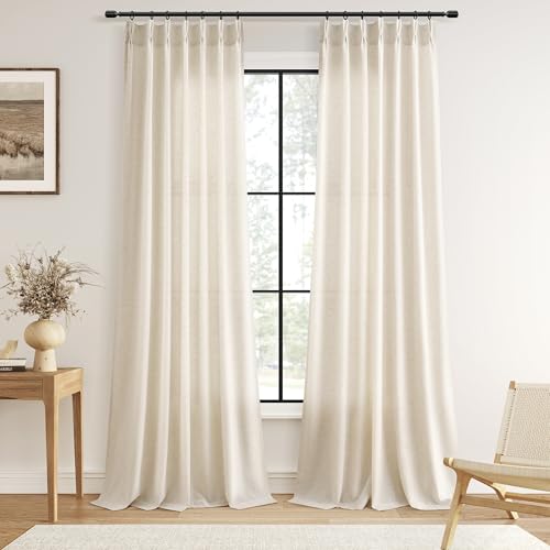 Guken Pinch Pleated Linen Curtains 96 Inch Length 2 Panels for Living Room Bedroom Natural Cream Boho Ceiling to Floor Farmhouse Window Privacy Light Filtering Semi Sheer Drapes Beige Ivory 40x96 8FT