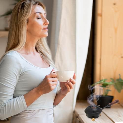 Miniatura 6 de MaMeMi Quemador de incienso de hierro negro con mango y tapa de madera, pequeño y compacto diámetro de 3.15 pulgadas de longitud con mango de