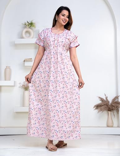 Image of Pure Cotton Designer Nighty for Women | Night Gown | Nightdress | Maxi Nighty | Sleepwear | Jaipuri Nighty | Nighties | Cotton Night Gown for Women /Girls with Belt Pink