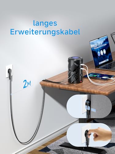 Pluackg Mehrfachsteckdose mit 5 USB, 12 Fach Steckdosenleiste mit Schaltbar Überspannungsschutz, 2M Verlängerungskabel Steckdosenturm Mehrfachstecker für Zuhause, Büro Schwarz 6