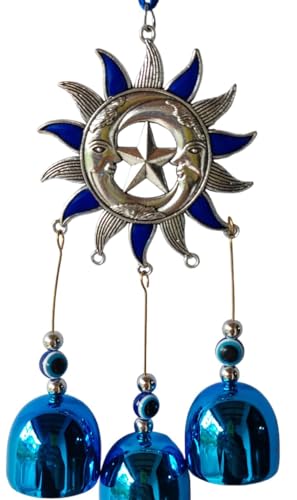 Image of Evil Eye Wind Chime Sunmoon Chakra with 3 Bells Blue for Home & Office Wall Hanging for Home Protection | Car Hanging | Brings Positive Vibes & Removes Negative Energy | Turkish Evil Eye Wind Chime