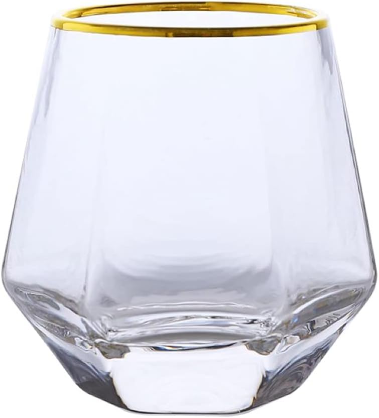 Handmade Hexagon Glassware Whiskey Wine Cup Daily Beverage Mug Tumbler, 10 ounce, Set of 4 (gold rimmed)