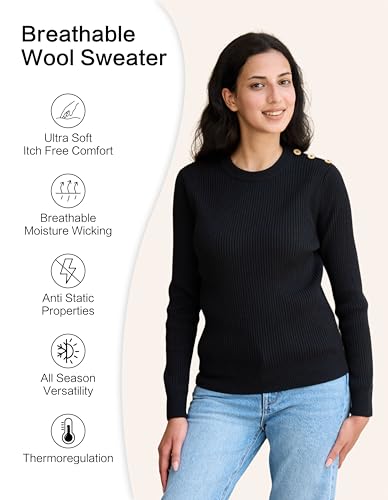 Button-Accented Shoulders Wool Sweaters for Women, Soft Midweight Knit Crew Neck Women Pullover Sweater Long Sleeve2