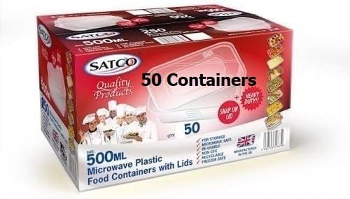 PNW Microwave Plastic Food Takeaway Heavy Duty Satco Containers with Lids 500ml (Pack of 50) (C500)