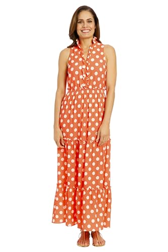 London Times Women's Dresses Easy Feminine Versatile Smocked Waist Ruffle Neckline, Orange Peel/Ivory, 8