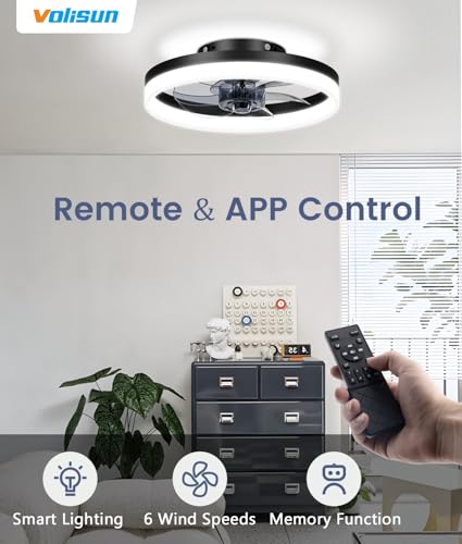 Image of VOLISUN 13 inch Small Ceiling Fans with Lights and Remote, Low Profile Ceiling Fans with Light, 3000K-6500K Dimmable LED Ceiling Light Flush Mount, Bladeless Fandelier Ceiling Fan (Black)