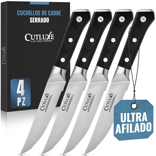 Cutluxe Cuchillos para Carnes. Juego de Cuchillos Serrados para Bistec. Cuchillos de Acero Alemán Forjado con Alto Contenido de Carbono. Diseño de Mango Ergonómico y Espiga Completa. Serie Artesano