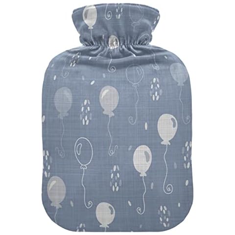 Hot Water Bottle with Cover, 1L Durable Hot Water Bag for Hand Feet Warmer, Shoulder and Neck Pain Relief, Cramps,Hot Compress and Heat Therapy, Pattern of French Style Doodle Blue Gray Balloon Cover