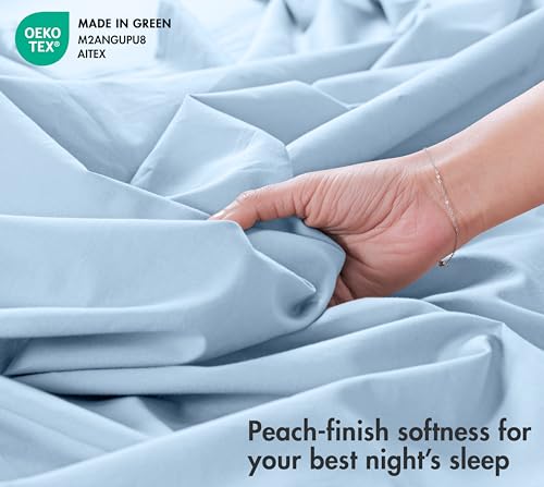 Image of RUVANTI 100% Cotton Percale Sheets California King - Crisp Cooling Summer Bed Sheets for Hot Sleepers, Deep Pocket 12 inch, Soft Peach Finish, Breathable & Durable Hotel-Style 4 Piece Set, Sky Blue