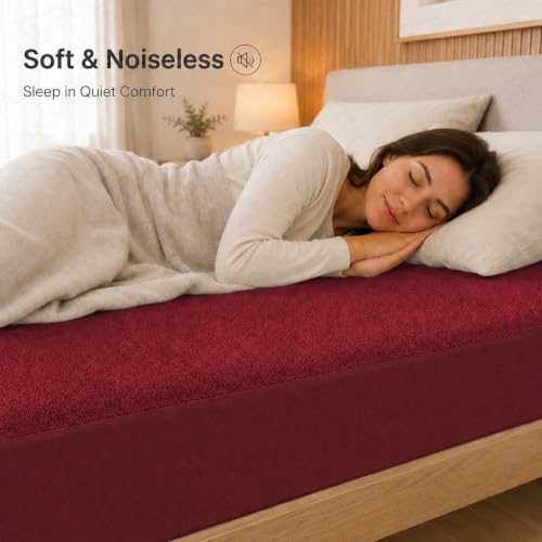 Image of Lukzer Waterproof Mattress Protector Maroon King Size 78 x 72 Inches (6.5 x 6 ft) Ultra Soft Terry Cotton Feel Fabric with Elastic Skirting Hypoallergenic and Breathable Mattress Cover