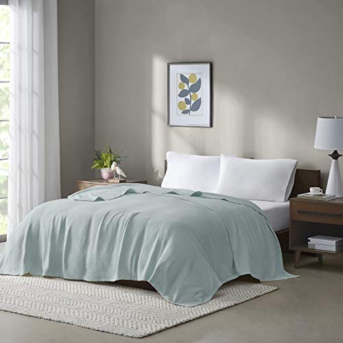 Madison Park Freshspun Basketweave Luxury Cotton Blanket Blue 66x90 Twin Size Basketweave Premium Soft Cozy 100% Cotton for Bed Couch or Sofa - Image 2