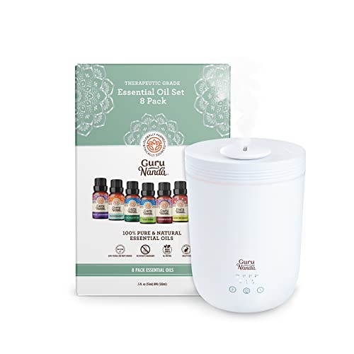 GuruNanda Halo Diffuser Kit - Halo XL Humidifier and Set of 8 Essential Oils - Lavender, Peppermint, Eucalyptus, Orange, Lemongrass, Cedarwood, Tea Tree & Frankincense (15 ml x 8)