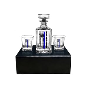 Rogue River Tactical Blue Line Tattered Flag Police Officer Whiskey Decanter Gift Set With 2 Glasses Custom Gift For Men Dad Father’s Day PD Police Officer