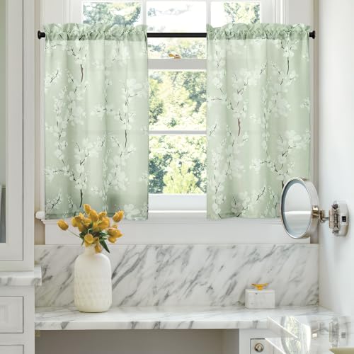 Image of FMFUNCTEX Green White Kitchen Tier Curtains 24 Inch Length Blossom Print Half Window Drapes for Bathroom Floral Patterned Light Filtering Privacy Protected Cafe Curtain Panels Rod Pocket 2 Panels