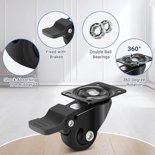 Humagineer 25mm Möbelrollen Klein Schwarz mit Bremse, Leise Laufende Lenkrollen für Möbel Tragfähigkeit 45kg, Schwerlast-Transportrollen aus Gummi für Tisch, Werkbank, Möbel, Sanfte Bewegung,4er-Set
