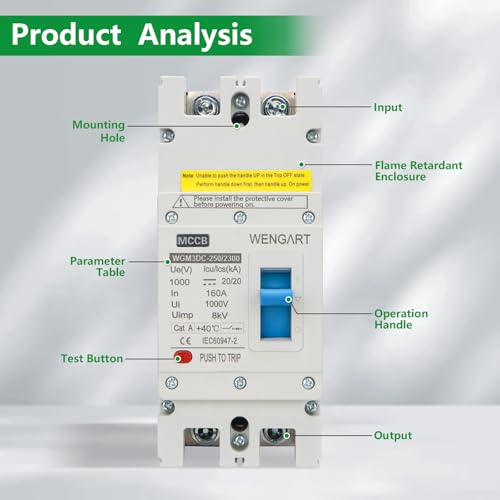 Wengart DC Molded Case Circuit Breaker WGM2DC-250,DC1000V 2P 160A Multifunctional Electrical Control Device Providing Overload and Short Circuit Protection - Image 3
