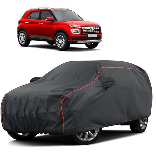 Image of Sulfar 100% Water Resistant Car Body Cover Compatible with Mirror for Hyundai Venue (Triple Stitched, Full Bottom Elastic, Dark Grey Taffeta with Red Piping)