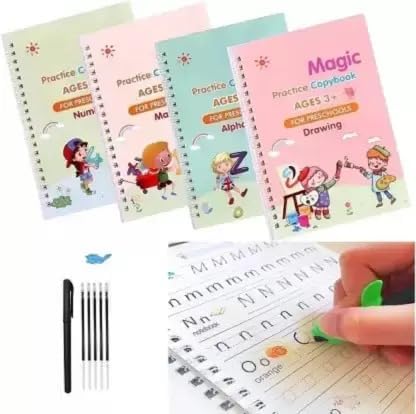 Kids Sank Magic Practice Copybook Set (4 BOOK + 10 REFIL + 1 Pen + 1 Grip) Reusable Book Number Tracing Book for Preschoolers With Pen, Best Gift For Kids_MB14
