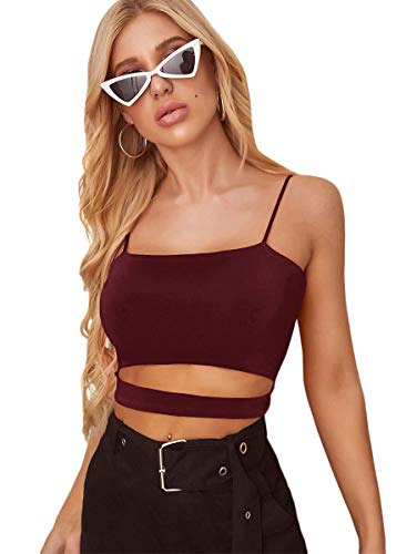 Floerns Women s Solid Sleeveless Strappy Cut Out Sexy Cami Crop Top Burgundy M
