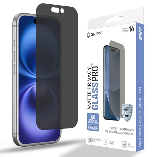 Image of GRIPP Matte Privacy Tempered Glass Screen Protector for iPhone 16 (6.1 inch), Anti-Glare, Anti-Spy Protection, 2.5D Round Edges, Scratch-Resistant, 9H Hardness, Bubble Free