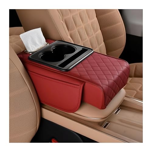 Image of Zpana Car Center Console Armrest Pillow, Memory Foam Leather 4 in 1 Vehicle Arm Rest Cover with Tissue Box 2 Side Storage Bag Cup & Phone Holder, Auto Armrest Cushion, Universal Fit (Wine Red)