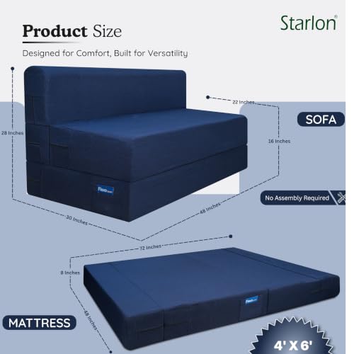 Image of Starlon 2 Seater Foldable Sofa Cum Bed 3-in-1 with Washable Jute Fabric Cover, Space Saving Guest Bed for Living Room & Apartment, Pre-Assembled Royal Navy Blue 4x6 Ft