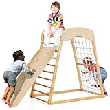 Costzon Indoor Jungle Gym, 6-in-1 Montessori Climbing Toys for Toddlers with Double-Sided Slide, Climbing Rock/Net, Indoor Wooden Playground Climber Playset for Kids 2-6 Years Birthday