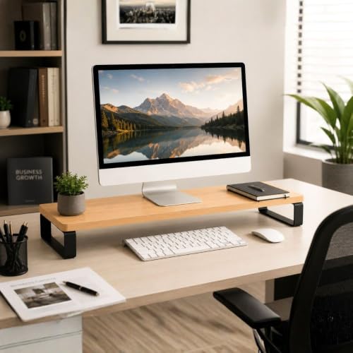 Image of Decorlay Engineered Wood Monitor Stand Riser for Desk, Desktop Organizer with Metal Legs, Computer Screen Stand for Office & Home, Laptop Stand Shelf, Tabletop Storage Rack, Wooden Desk Organizer for Monitor Keyboard Accessories