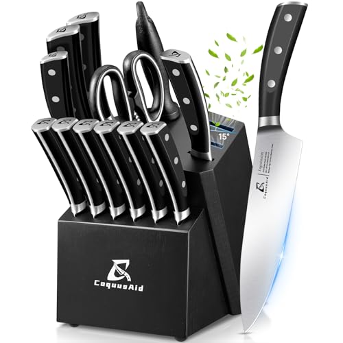 Comparison: Best Rust Proof Knife Set 5 Knife Set, Kitchen Knife Block Sets with Sharpener, 6 Steak Knife Set Serrated with Block, 15 PCS Forged German Stainless Steel Rust Proof Knives, Dishwasher Safe Black, New Beveled Design