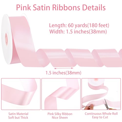 Image of woric Pink Satin Ribbon 1 1 /2 Inch 60 Yards Light Pink Bows Wedding Decor Ribbon for Bridal Baby Girl Shower Decor Flower Bouquet Handmade Roses Making Graduation Leis Necklace