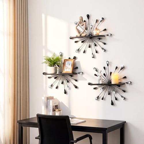 Image of Yaocom 3 Pcs Bling Crystal Floating Shelves Metal Starbursts Wall Decor Folding Shelf Black Corner Shelves Hanging Wall Mounted for Storage Bedroom Bathroom Living Room Kitchen Office Home Decoration
