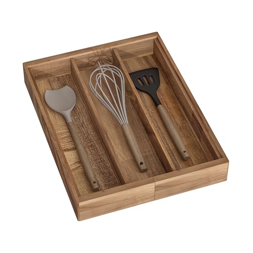 Seville Classics Acacia Wood Premium Organizer Storage Bins for Kitchen Silverware, Pantry, Closet, Office Desk, Pens, Utensils, Makeup, K Cup, Acacia Wood, Expandable Tray (5 Compartment) - Image 2