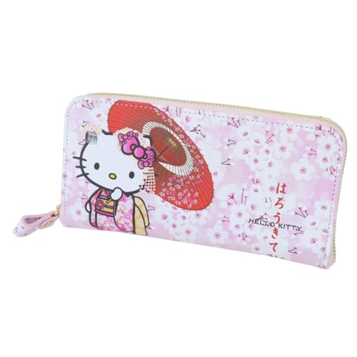 ヤスダ通商 Carteira da série padrão japonês, zíper terrestre, fecho de terra Hello Kitty, flores de cerejeira e guarda-chuvas, H100×L200×D30mm, 4580122513092