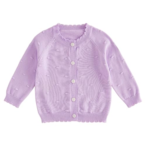 Kids Little Girls Button Front Crop Sweater Cardigan Solid Color Crew Neck Long Sleeve Knit Spring Fall Tops (Purple, 0-6 Months)