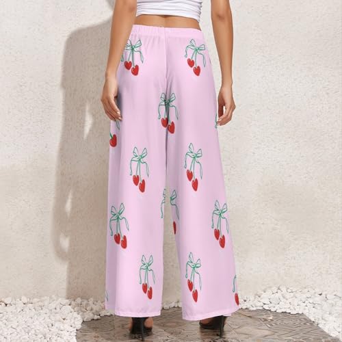 Womens Wide Leg Pants Red Cherry with Green Bow Dressy High Waist Trousers Casual Loose Flowy Palazzo Pants4