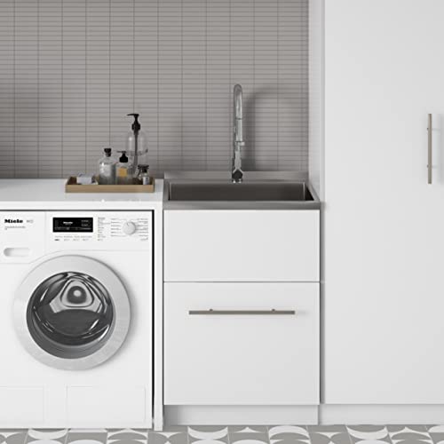Image of SIMPLIHOME Metro 24 inch Wide Stainless Steel Sink Laundry Cabinet in White
