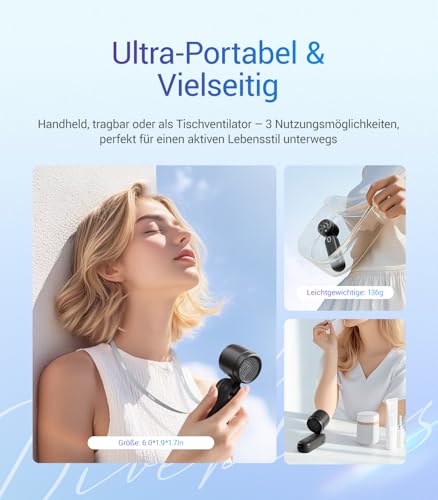 Diveblues 3-in-1 Handventilator Turbo Ventilator mit 4000mAh USB-Akku Aufladbar, 5 Stufen, Faltbar Tragbar Hand Ventilatoren, Bis zu 12H Stunden, Reise Gadgets Flugzeug, Geschenke für Frauen Männer 3