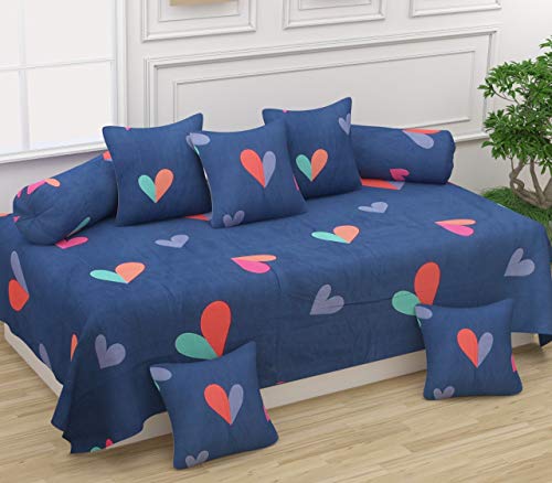Image of Cotton 8 Piece Diwan Set 1 Bed Sheet 2 Bolster Cover 5 pcs Cushion Cover (Heart Print)