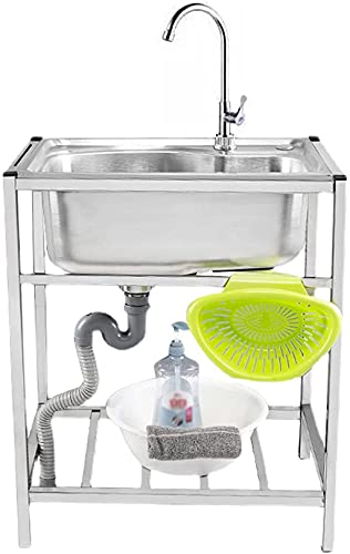 ビジネスキッチン水槽、304ステンレス単碗独立レストランバー間仕切り、支柱付き蛇口 (60x45x76cm)